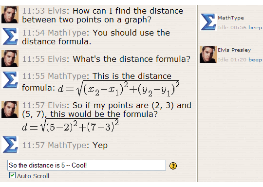 Moodle TeX Filterによってレンダリングされた方程式を使用したチャットの例。