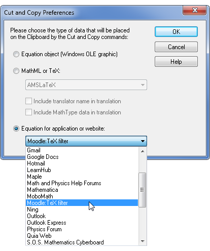 [切り取りとコピーの設定]ダイアログからMoodle TeXフィルタを選択します。