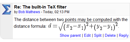 方程式の後のフォーラム投稿は、MoodleのTeXフィルタによってレンダリングされます。